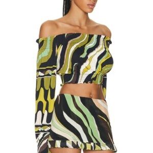 Emilio Pucci Off-Shoulder Cropped Top in Black, Green, White
